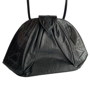 Vintage Leather Handbag Black Textured Diamond Shape Shoulder Bag Purse GUC